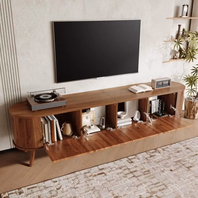 Mobile TV con 4 ante a ribalta e ampio piano, stile vintage, per soggiorno, MDF e truciolare noce, 180 × 38 × 47 cm
