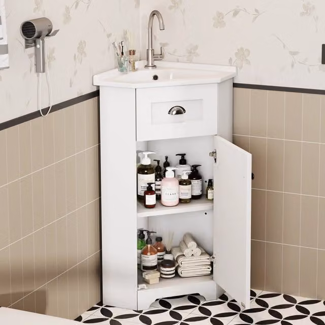 Mobile sottolavabo bagno a pavimento con lavabo in ceramica e vano contenitore, MDF bianco, 59 × 42,5 × 90,5 cm