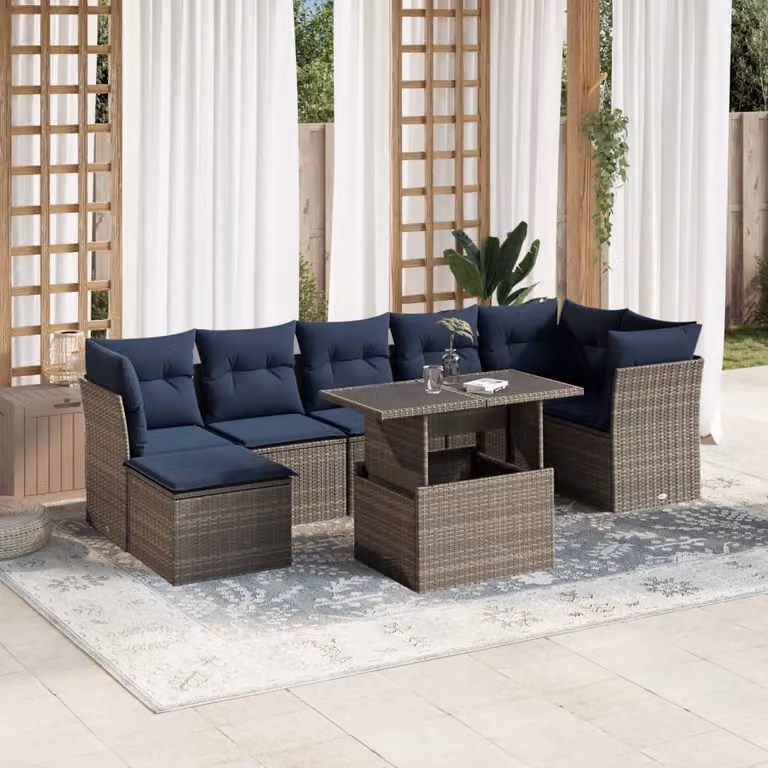 Set Divani da Giardino vidaXL 8 Pezzi a Forma di U con Cuscini Grigio e Blu in Polyrattan e Acciaio