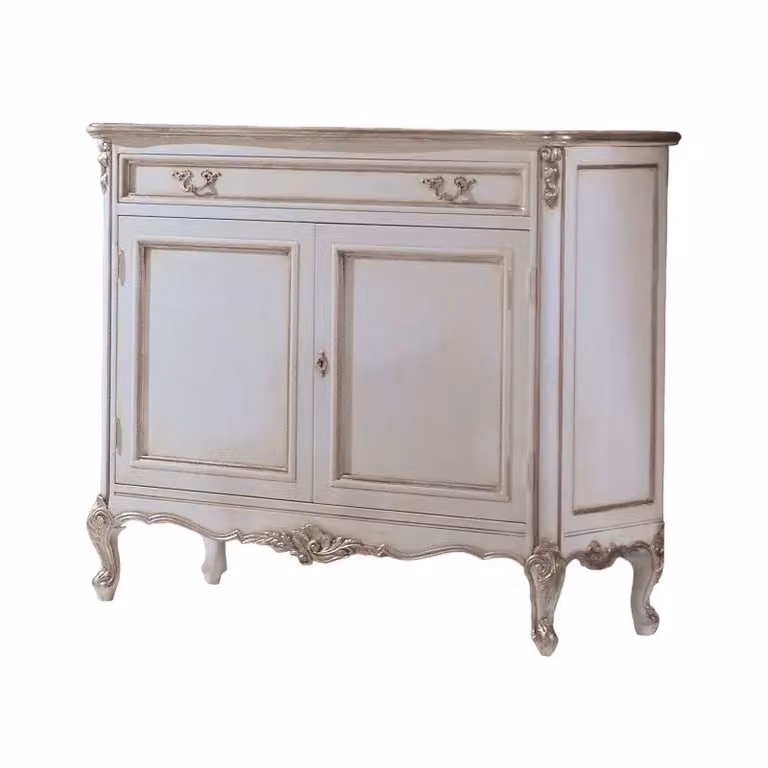 Credenza classica a 2 porte in stile shabby chic bianco e argento Mobili 2G L: 130 cm, P: 62 cm, H: 107 cm