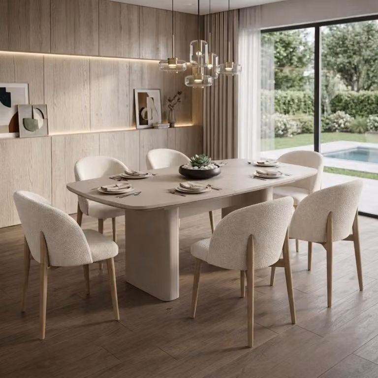 Set moderno per sala da pranzo, con tavolo rettangolare bianco e sedie. Arredamento per sala da pranzo