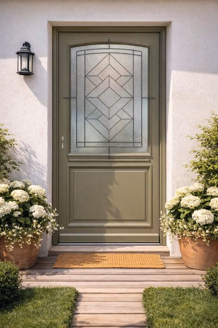 Porta d'ingresso in legno con vetro Elsie, verde grigio oliva, altezza 215 x largh. 90 cm, lato con pannello dritto, maniglia, cilindro grande, ferramenta di alta qualitÃ