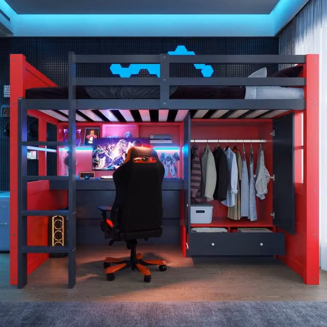 Letto a castello 90 x 200 cm con scala, contenitore e tavolo, armadio e cassetti, letto singolo in stile gaming, Rosso e Nero