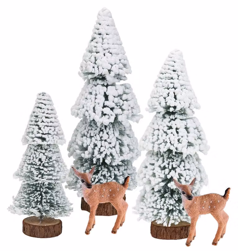 Set di mini alberi di Natale, 5 pezzi, altezza 15-25 cm, abeti artificiali con decorazioni a forma di alce, ideali per decorare la tavola, colore verde