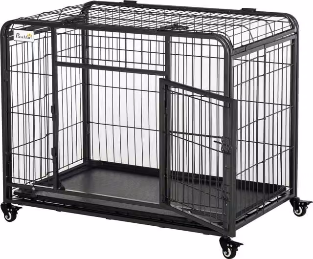Gabbia per cani PawHut Aosom pieghevole con doppia porta, 4 ruote con freno e fondo rimovibile, L: 109,5 cm, P: 71 cm, H: 78 cm – 1