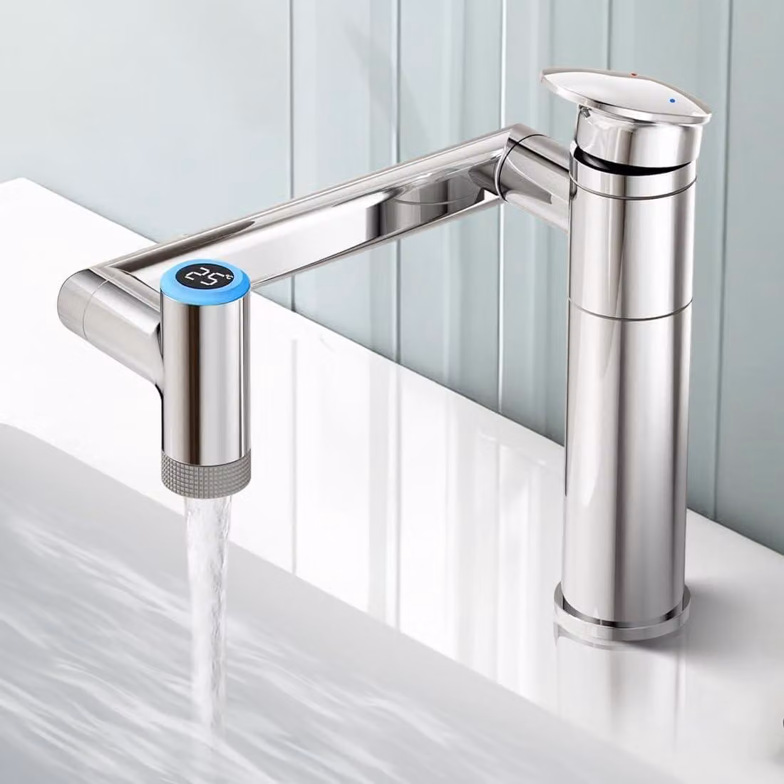 Rubinetto per lavabo con indicatore di temperatura (senza batterie), miscelatore per lavabo girevole a 1080 gradi, rubinetto regolabile in altezza per bagno