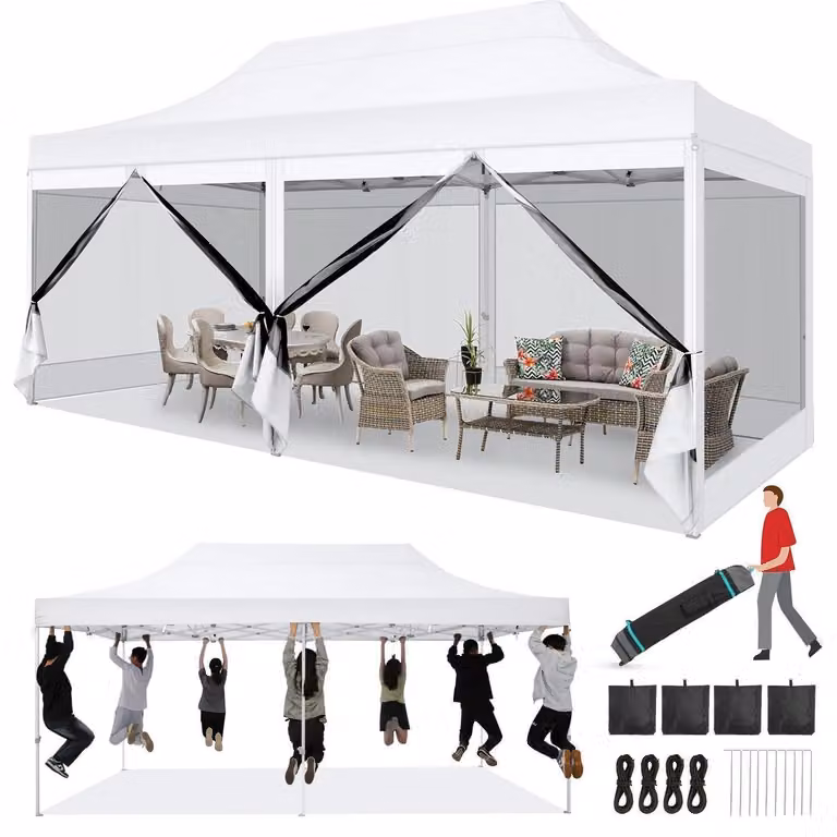 Gazebo da giardino pieghevole, impermeabile, stabile, con 6 pareti laterali, anti-UV, in tessuto Oxford 420D, colore bianco, dimensioni 3x6 metri