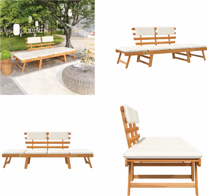 vidaXL Panca da giardino 2 in 1 con cuscini 190 cm in legno massiccio di acacia - Lettino da esterno - Lettini da esterno - Lettino da sole - Lettini da sole