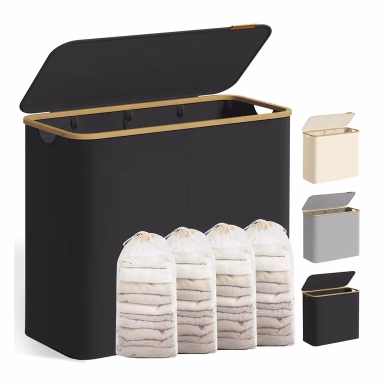 Cesto Portabiancheria con Coperchio, Nero Inchiostro / 200L (4 Scomparti)