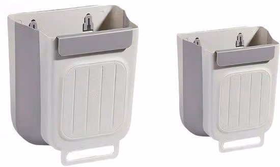 Contenitore per rifiuti a due scomparti, cestino pieghevole da appendere con chiusura a scatto, contenitore multifunzionale per la cucina, adatto per piani di lavoro, sotto piani, soggiorni, cucine, camere da letto e bagni (grigio e bianco)