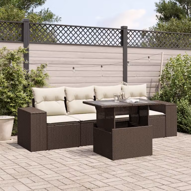 vidaXL Set Divano da Giardino 5 pz Marrone con Cuscini e Tavolino in Polyrattan e Metallo