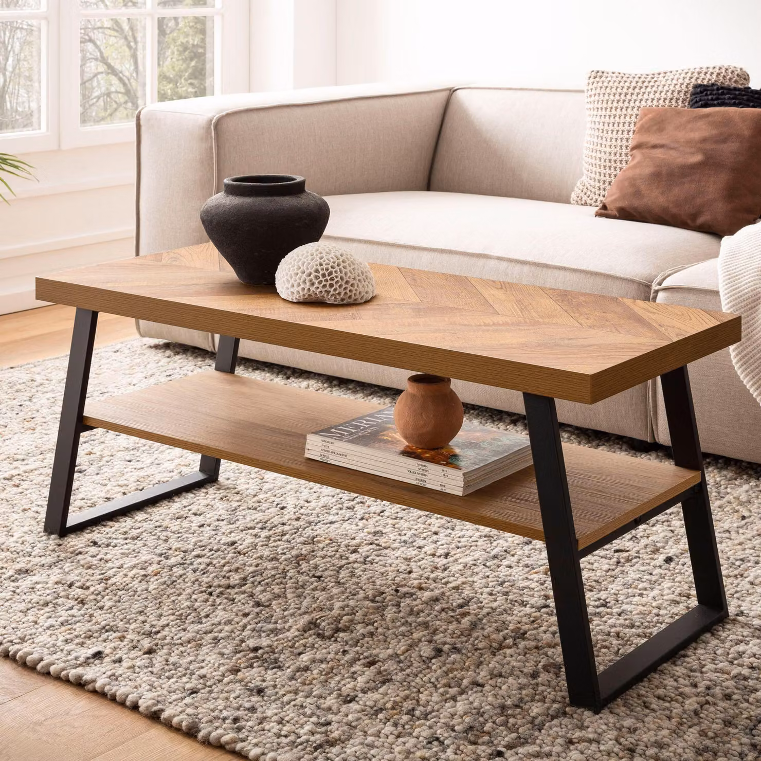 FineBuy Tavolino da caffè 100x40x41 cm Tavolo da divano marrone con motivo a spina di pesce Tavolo da soggiorno Tavolo rettangolare da salotto moderno con ripiano Tavolino da caffè