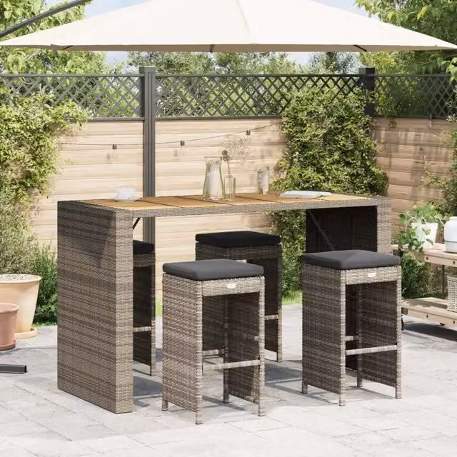 Set di 4 sgabelli da bar vidaXL in polyrattan grigio con cuscini in tessuto rimovibili