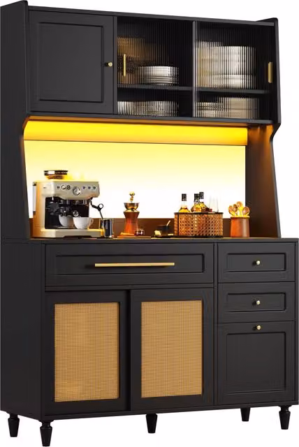 Madia Alta da Cucina Moderna con 3 Cassetti, Ripiani Regolabili e Illuminazione LED, Colore Nero, L 120 x P 45 x H 195.5 cm – 1
