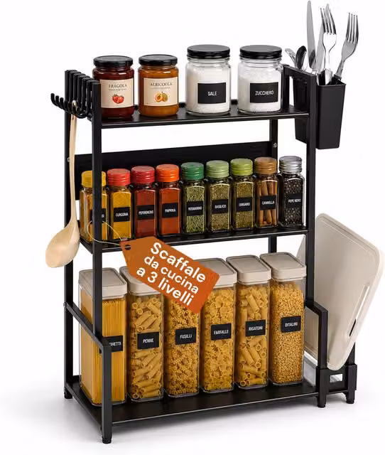 Scaffale da cucina Avilia in metallo nero opaco con 3 livelli e design moderno L: 30,0 cm, P: 23,0 cm, H: 23,0 cm