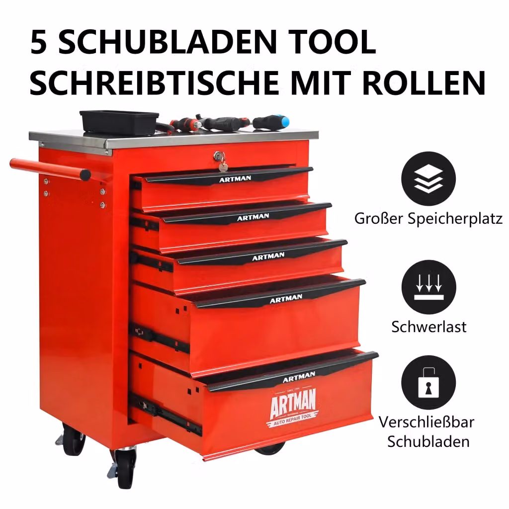 Carrello portautensili multifunzionale Weimin in metallo rosso con 5 cassetti e piano di lavoro con ruote – 2