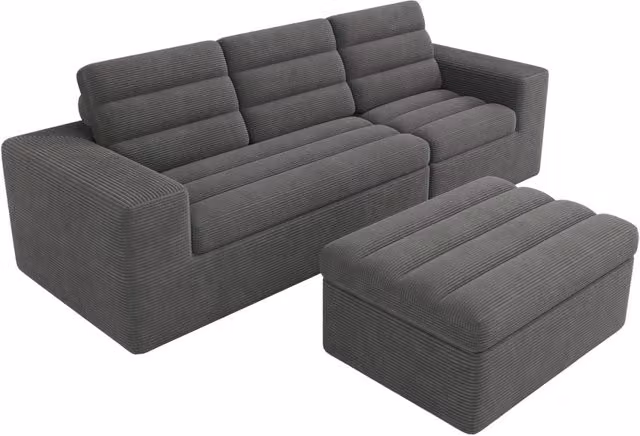 Divano angolare modulare a forma di L in tessuto di velluto a coste grigio scuro, senza struttura, con pouf 253x161x89 cm
