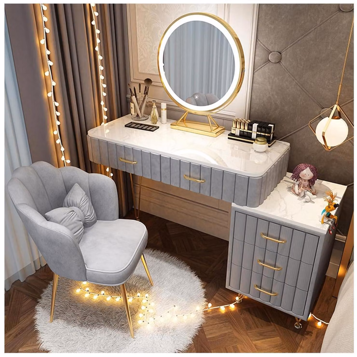 Comò da trucco con specchio e sedia, 5 cassetti, piano in granito grigio, 80 cm