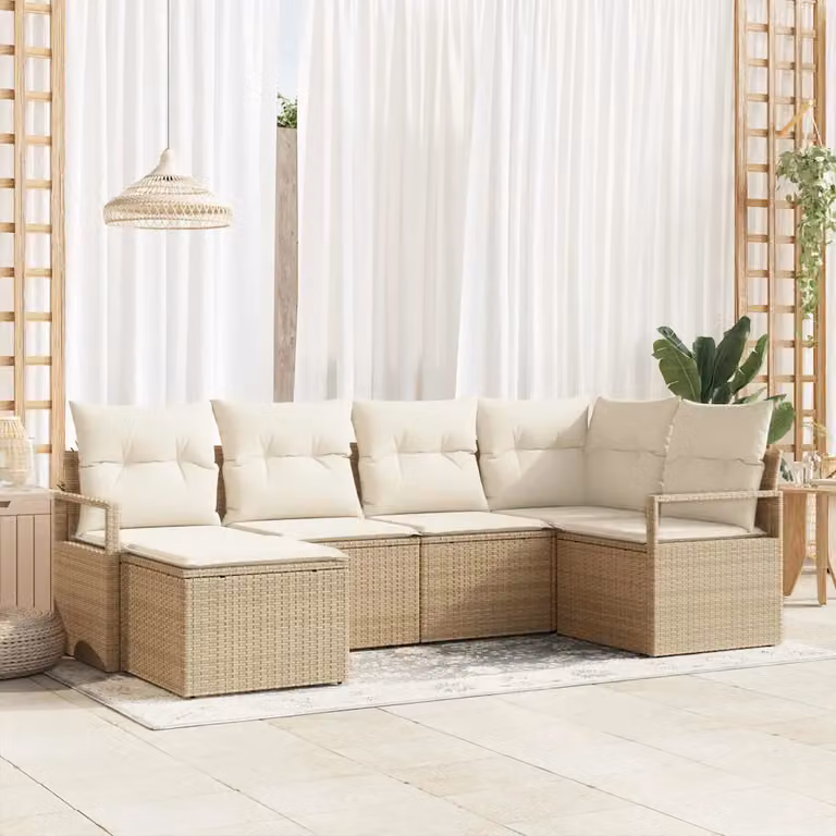 Set di divani da giardino vidaXL a forma di L con cuscini, beige e bianco, in rattan e metallo