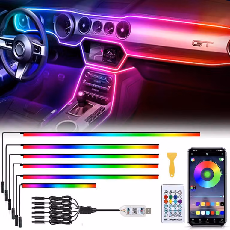 Striscia LED interna RGB 6-in-1 per auto, con 445 cm di lunghezza, 584 LED, 16 milioni di colori e 210 modalità dinamiche, alimentazione tramite USB