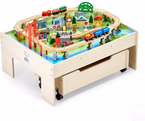 VEVOR Set di Trenini in Legno Multicolore con Tavolo Ferroviario e Cassetto Portaoggetti, 100 Pezzi per Gioco Creativo