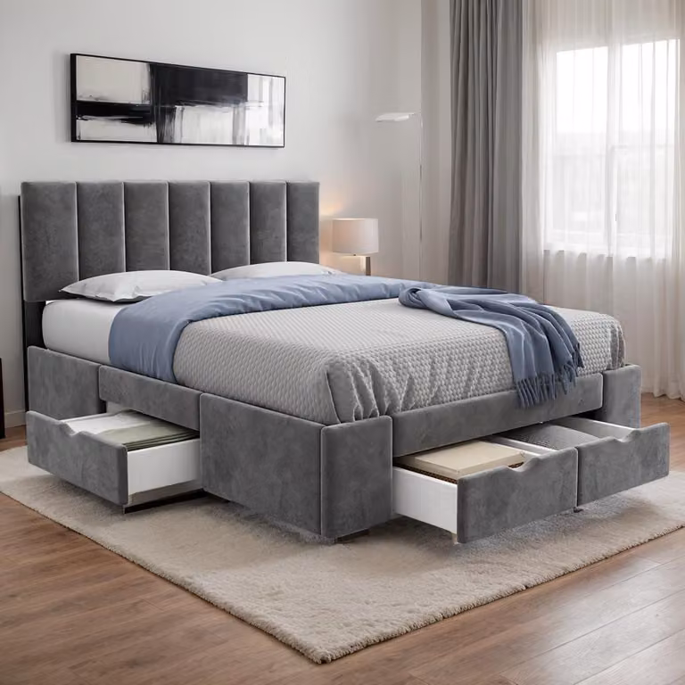 Letto imbottito Sweiko 140 x 200 cm, con rete a doghe, con schienale, con 4 cassetti, grigio