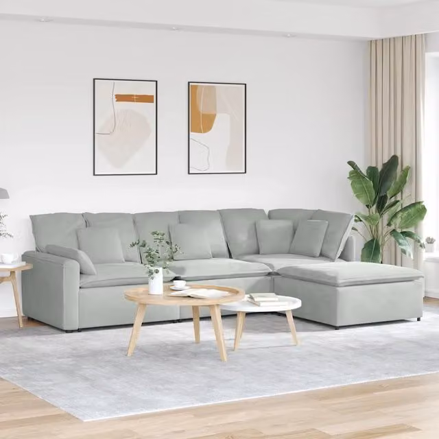 Divano Modulare con Poggiapiedi e Cuscini Velluto Grigio Chiaro 3321189