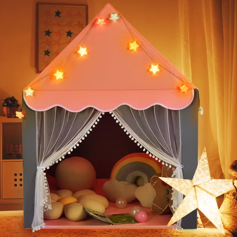 Tenda da gioco per bambini Costway modello castello fatato con luci a forma di stella e tappetino lavabile, Rosa