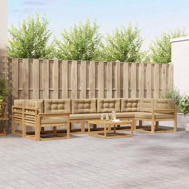 Set di divani da esterno vidaXL in legno di acacia con cuscini e tavolino, Bianco e Beige – 1