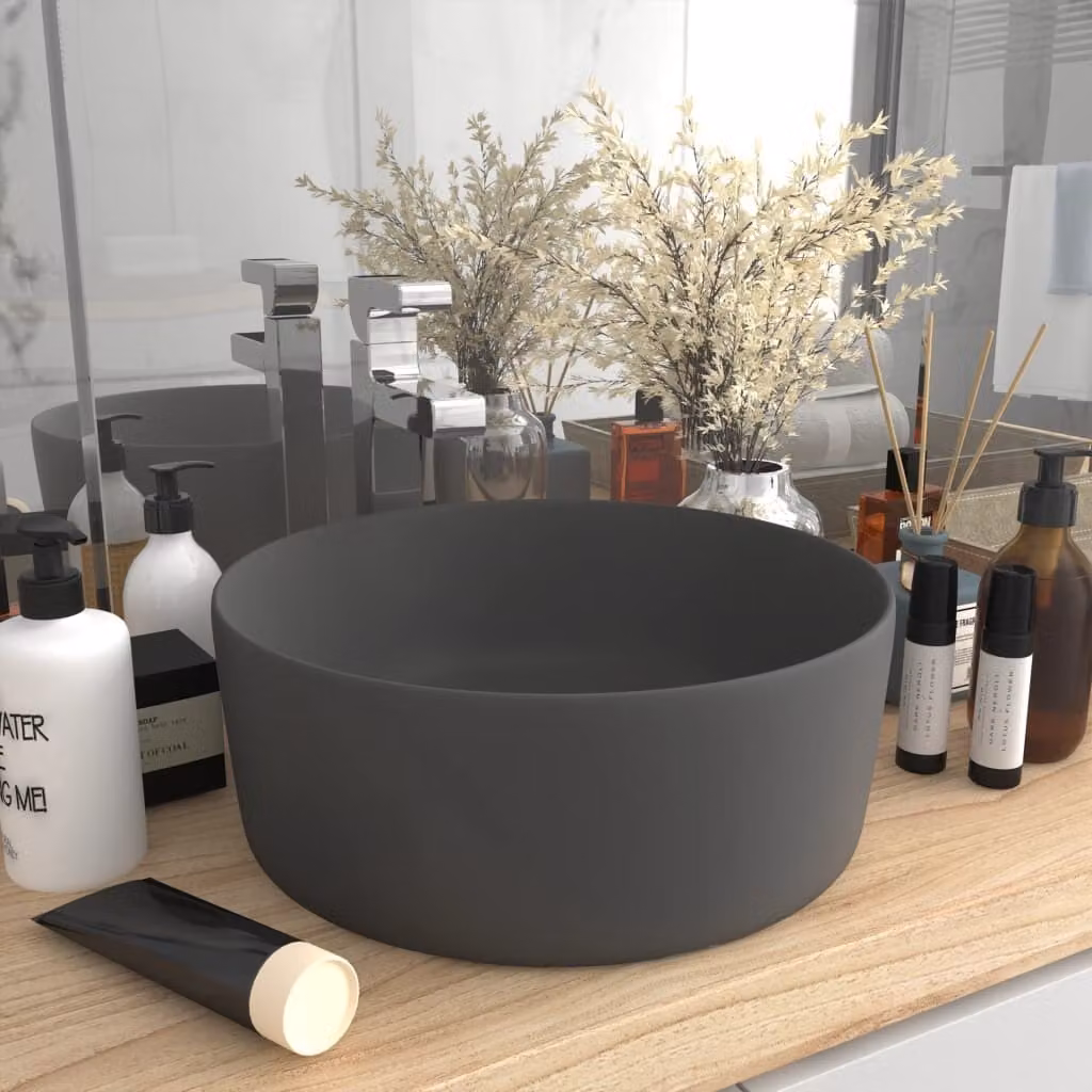 The Living Store Lussuoso lavabo rotondo grigio scuro opaco 40x15 cm in Vetroceramica