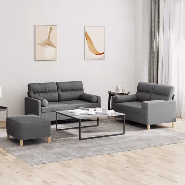 Set di divani 3 pezzi vidaXL in tessuto grigio con cuscini per soggiorno in stile moderno – 1