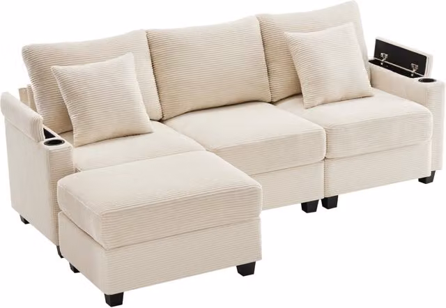 Divano angolare a L 3 posti con pouf, tessuto in velluto a coste beige, con porta bevande, porta USB e ripiani bracciolo