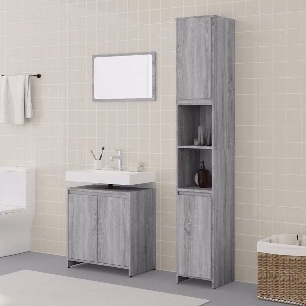 Set di mobili da bagno vidaXL in legno multistrato grigio composto da mobile lavabo, armadietto alto e pensile con specchio, L/P/H: 60 x 33 x 183,5 cm
