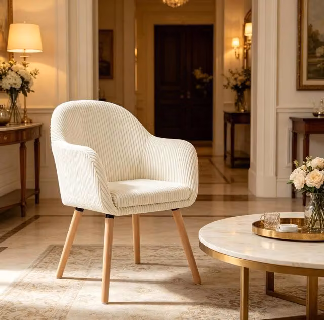Sedia imbottita in velluto a coste beige con braccioli e gambe in legno, 120 kg