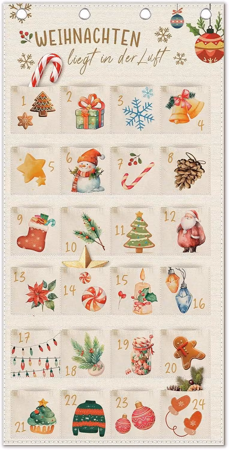 Calendario dell'Avvento da appendere, realizzato in tessuto, riutilizzabile e con 24 tasche