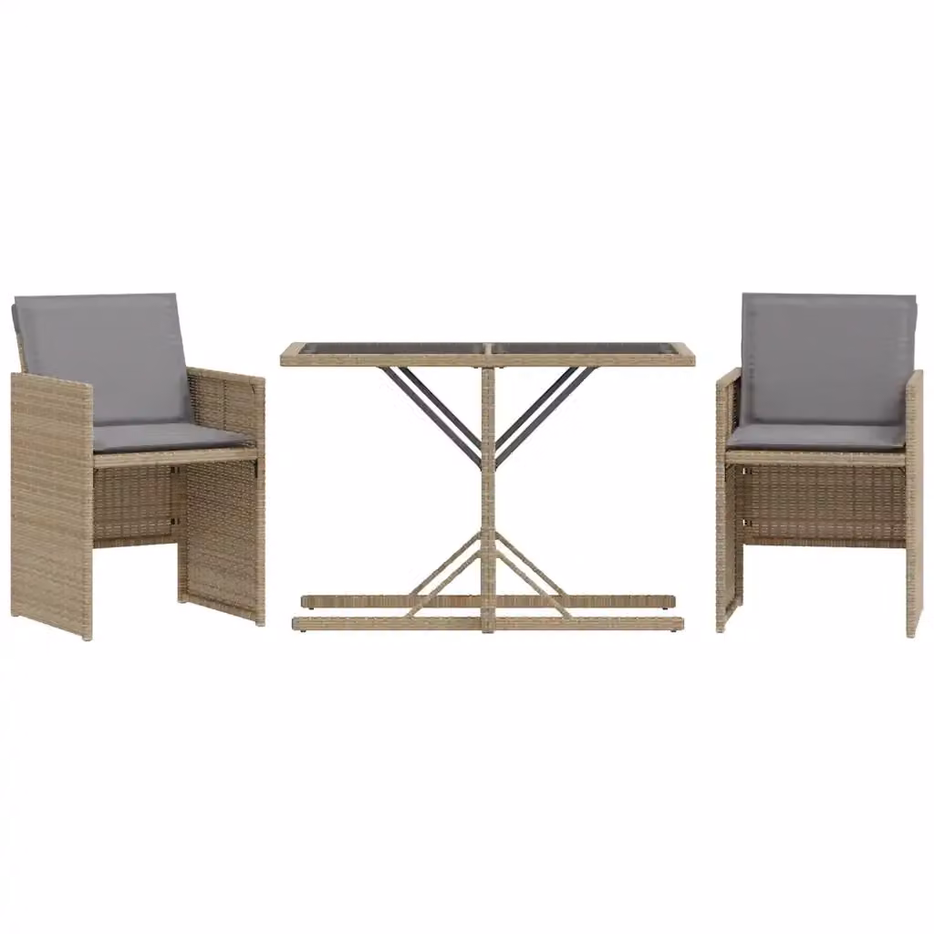 Set da Bistrò vidaXL in Polyrattan con Tavolo in Vetro e 3 Sedie con Cuscini Beige e Grigio – 2