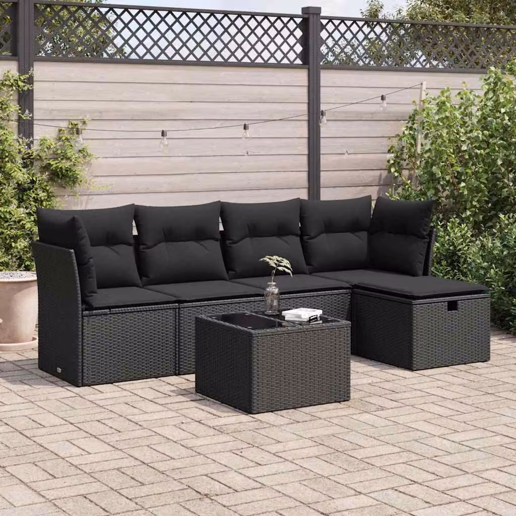 Set Divano da Giardino vidaXL 6 pz a Forma a L in Polyrattan Nero con Cuscini e Tavolino da Esterno