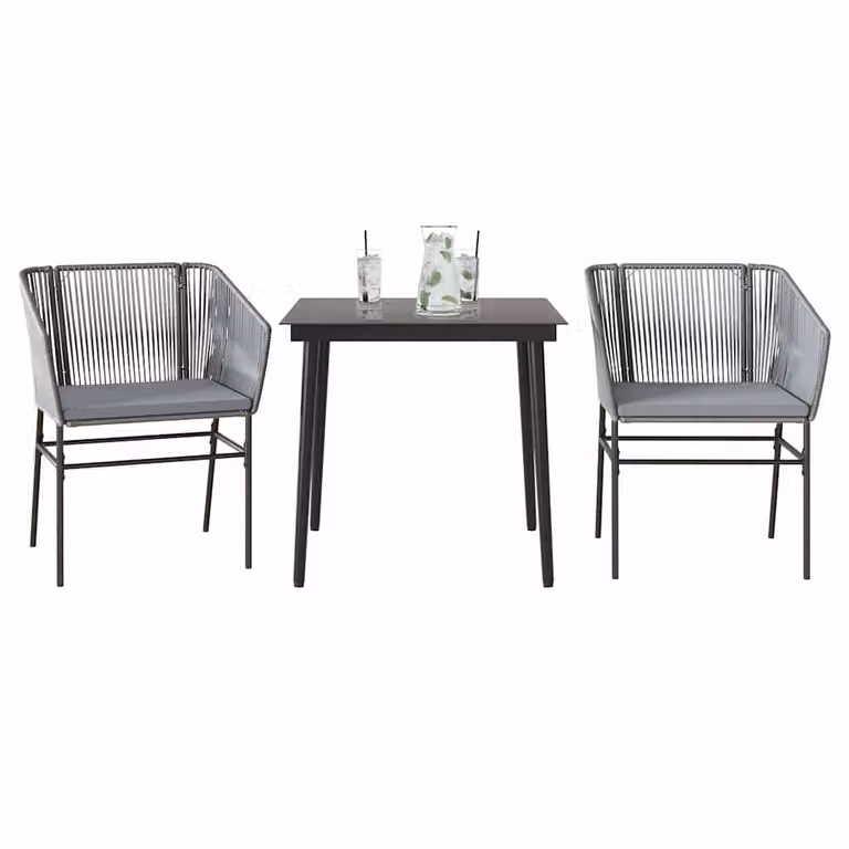 Set da pranzo da giardino vidaXL in polyrattan con tavolo in vetro e 3 sedie con cuscini, grigio e nero