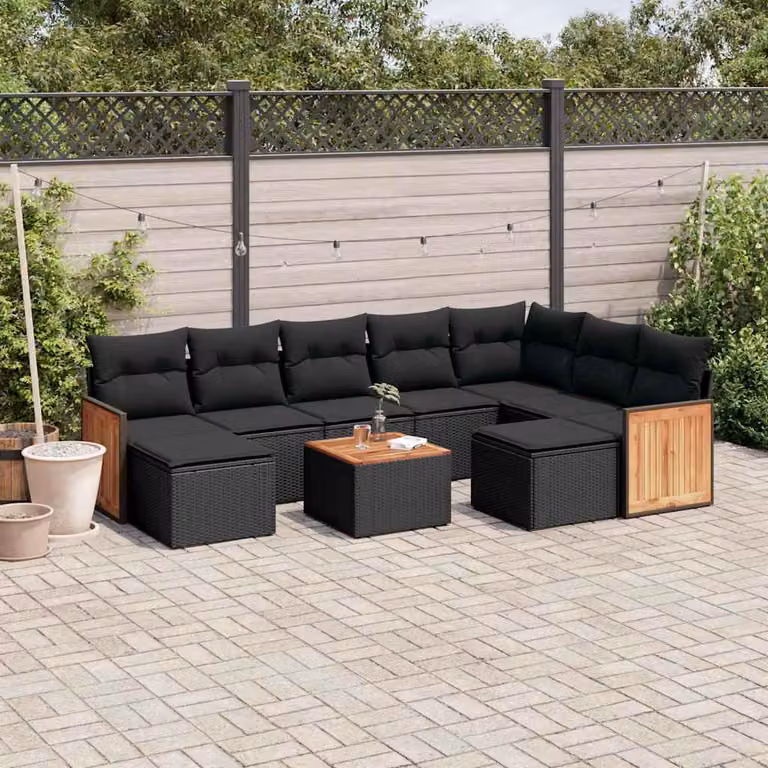 Set di Divani da Giardino vidaXL 10 Pezzi in Polyrattan Nero con Cuscini e Tavolino da Esterno