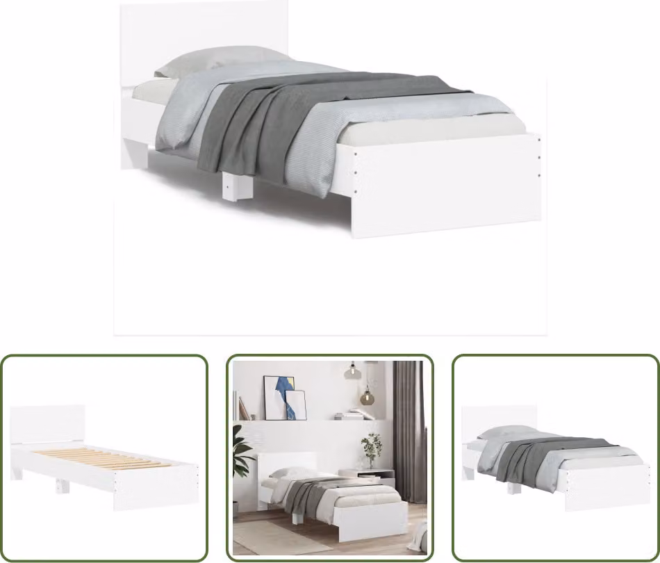 The Living Store Giroletto con testiera bianco 90x190 cm in materiale ligneo