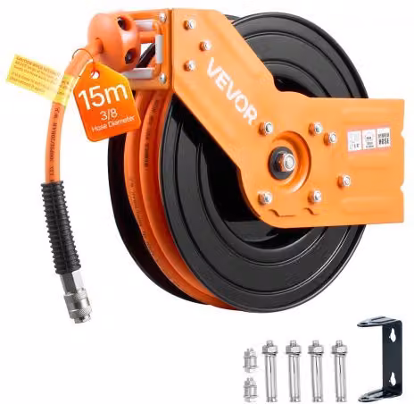 Avvolgitubo per aria compressa VEVOR arancione da parete con braccio singolo, lunghezza 15 m e diametro 9,5 mm, pressione massima 20,7 bar