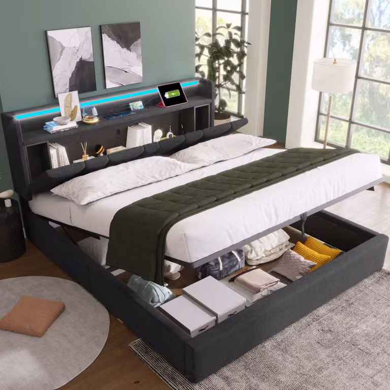 Letto imbottito MODFU letto matrimoniale 140x200cm con funzione di ricarica USB e illuminazione LED, letto a sacco idraulico (senza materasso), grigio