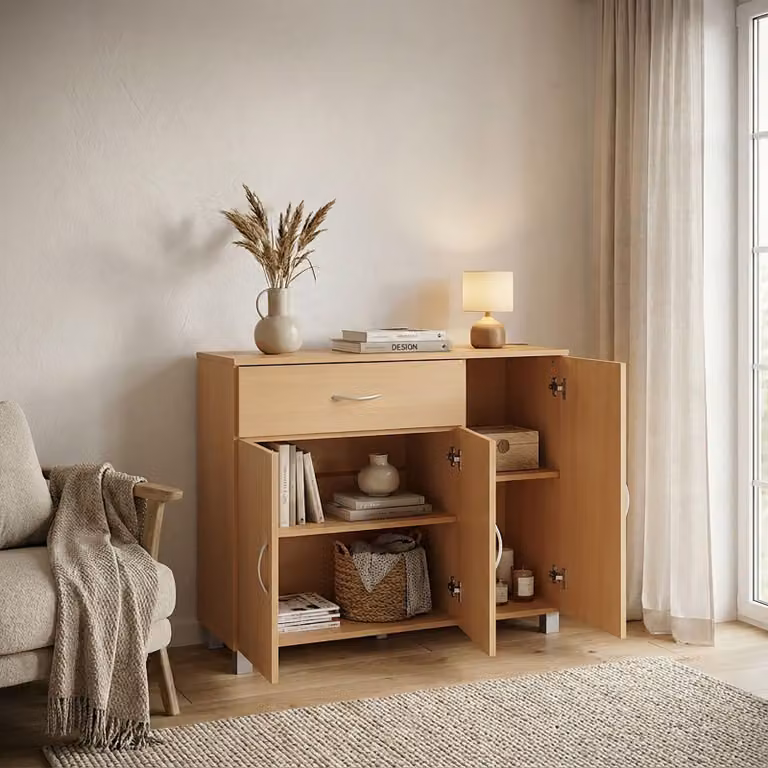 FineBuy credenza JERRY in faggio con 1 cassetto e 3 ante 90 x 75 x 30 cm | Cassettiera di design in MDF | Credenza da corridoio con maniglie