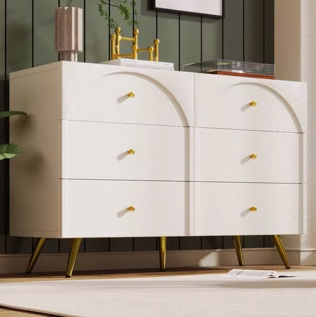 Cassettiera con 6 cassetti frontali curvi 120x40x85 cm; in truciolare e metallo; crema bianco