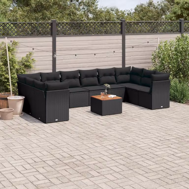 vidaXL Set Divani da Giardino 11 pz con Cuscini e Tavolino, Design Moderno a L in Polyrattan Nero e Legno di Acacia