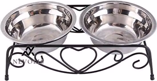 Ciotole in acciaio inossidabile per cani e gatti con 2 vaschette - Modello standard per cani e gatti - Basi antiscivolo in gomma - 135 cm, colore argento.