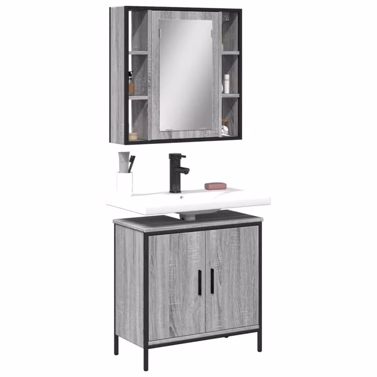 Set Mobili da Bagno Moderno vidaXL in Grigio composto da Mobile Lavabo e Armadietto con Specchio