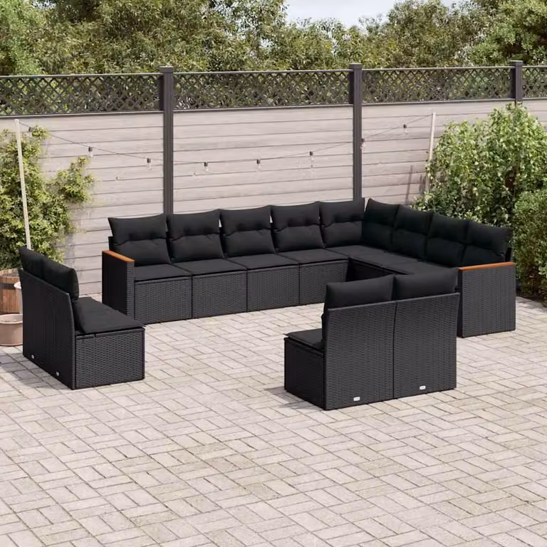 vidaXL Set Divani da Giardino 12 pz a Forma a U in Polyrattan Nero con Cuscini e Struttura in Acciaio