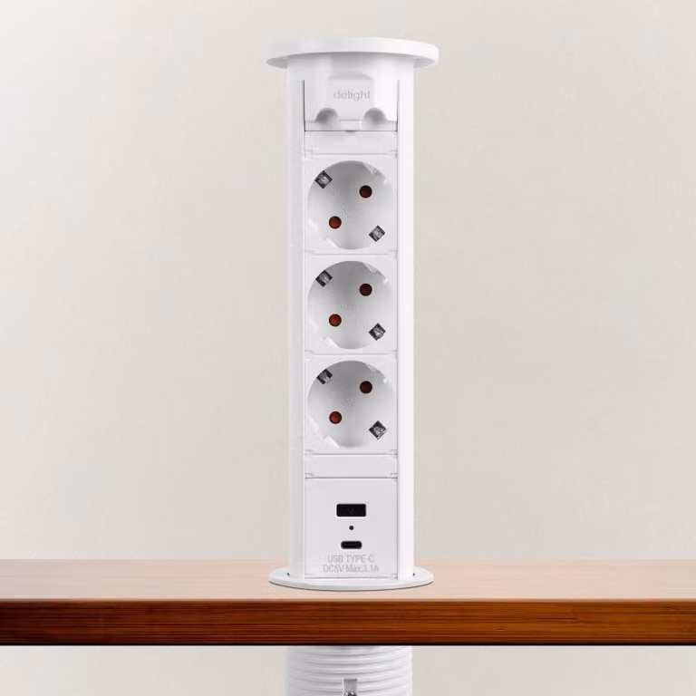 Presa a muro motorizzata a scomparsa – bianca, tripla con sicurezza bambini, 2x USB (3,1A), 230V 16A, 3500W [20451W]