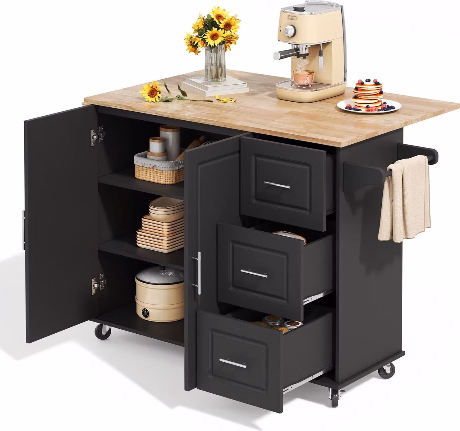 Tavolo da cucina, piano di lavoro in legno di quercia, design pieghevole, armadio multifunzionale, 3 cassetti, portasciugamani, adatto per cucina, sala da pranzo